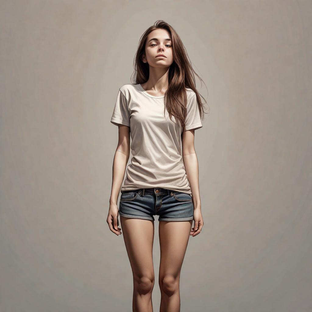  minimalist style t-shirt print design, HDR photo of girl in full growth, looking up, Without clothing, small, realistic skin texture, long brown hair, without, top down shot, extremely detailed, posin