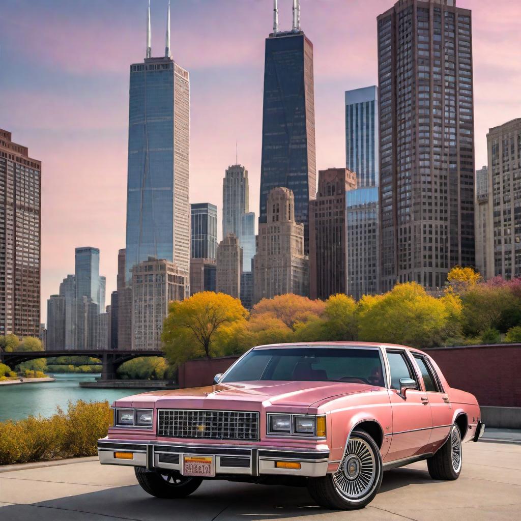  Draw a pink Salmon colored 1985 Chevy Caprice with an entire tan leather roof on 26 inch rims, set against the backdrop of the city of Chicago on a nice sunny day. hyperrealistic, full body, detailed clothing, highly detailed, cinematic lighting, stunningly beautiful, intricate, sharp focus, f/1. 8, 85mm, (centered image composition), (professionally color graded), ((bright soft diffused light)), volumetric fog, trending on instagram, trending on tumblr, HDR 4K, 8K