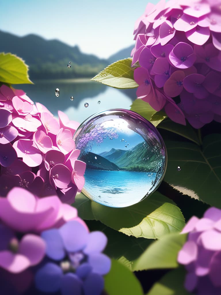  Masterpiece,Realistic,(((One water drop photo))),(((One spherical water drop))),(((Landscape in a drop of water: Hydrangea))),(((The world of one drop of water))),Jet black outside the world of drop of water,High image quality,8K, masterpiece, best quality,8k,ultra detailed,high resolution,an extremely delicate and beautiful,hyper detail