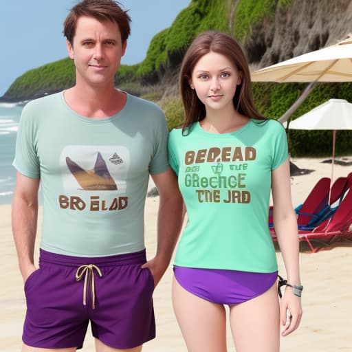  Guy the beach with t shirt and shorts on with brown hair and eyes next to lady with brown hair and green eyes in a bright purple swimsuit