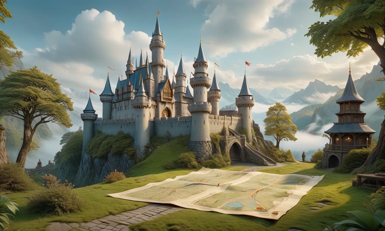  A map for the hopscotch game with a magical castle, on parchment, hkmagic hyperrealistic, full body, detailed clothing, highly detailed, cinematic lighting, stunningly beautiful, intricate, sharp focus, f/1. 8, 85mm, (centered image composition), (professionally color graded), ((bright soft diffused light)), volumetric fog, trending on instagram, trending on tumblr, HDR 4K, 8K