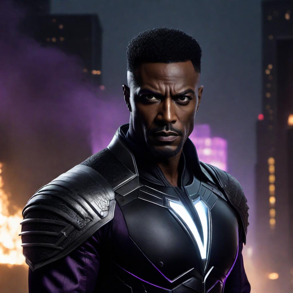  A highly detailed and dramatic portrait of an original black super villain. The character should have a dark, menacing presence with a powerful and intimidating stance. The villain is dressed in a sleek, futuristic outfit with armor elements, featuring a mix of dark colors like black, deep purple, and metallic accents. The background is dark with hints of a chaotic urban landscape, with shadows and subtle glows adding to the ominous atmosphere. The facial expression should exude confidence and a hint of sinister intent, with sharp features and piercing eyes. hyperrealistic, full body, detailed clothing, highly detailed, cinematic lighting, stunningly beautiful, intricate, sharp focus, f/1. 8, 85mm, (centered image composition), (professionally color graded), ((bright soft diffused light)), volumetric fog, trending on instagram, trending on tumblr, HDR 4K, 8K