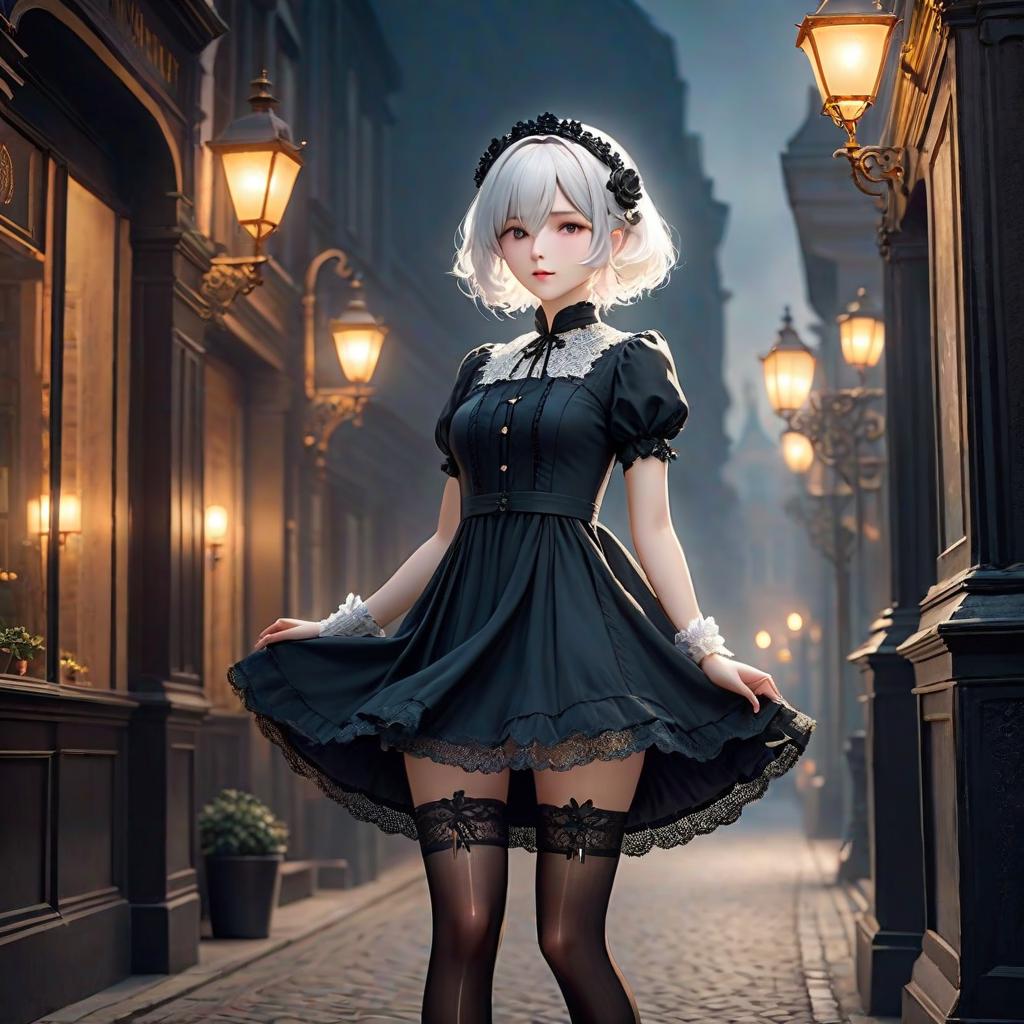  The Victorian,dark background,,Gothic, full growth,black dress,white hair,short hair, ,2b,Nier Automat,eye mask,headband on the head,birthmark,black stockings, dress,lace,boots stockings, hyperrealistic, full body, detailed clothing, highly detailed, cinematic lighting, stunningly beautiful, intricate, sharp focus, f/1. 8, 85mm, (centered image composition), (professionally color graded), ((bright soft diffused light)), volumetric fog, trending on instagram, trending on tumblr, HDR 4K, 8K