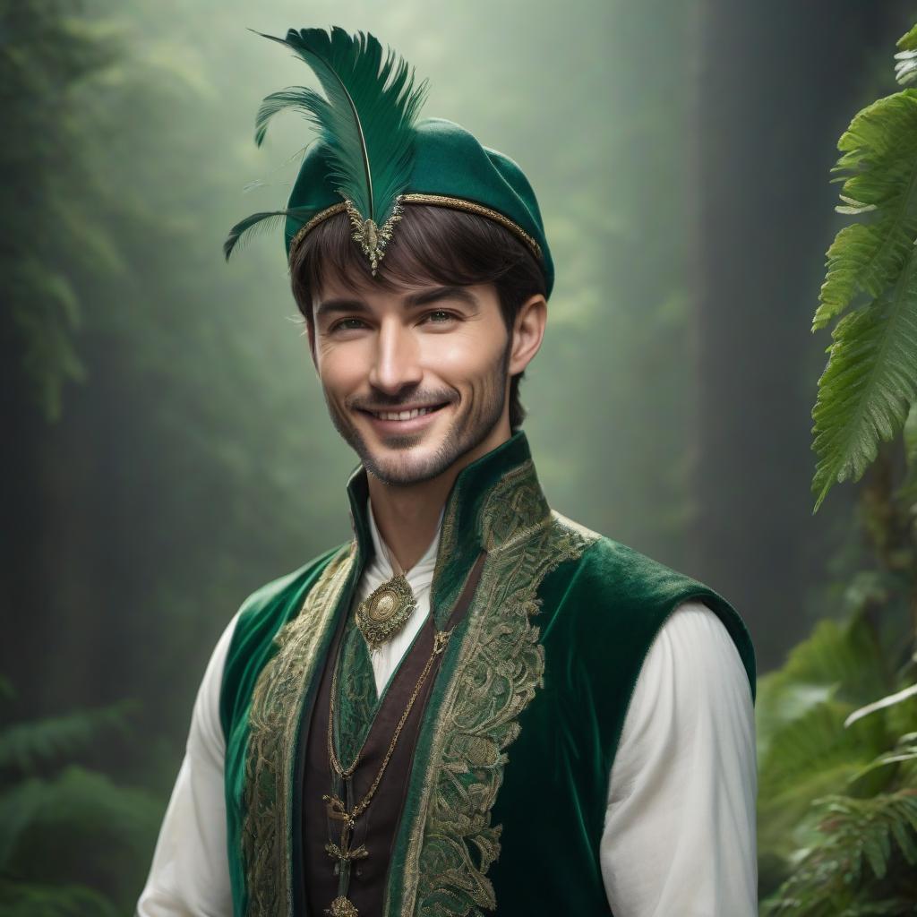  Bard, male, tall, dark short hair, rich clothes, hat with a green feather, lute, smile hyperrealistic, full body, detailed clothing, highly detailed, cinematic lighting, stunningly beautiful, intricate, sharp focus, f/1. 8, 85mm, (centered image composition), (professionally color graded), ((bright soft diffused light)), volumetric fog, trending on instagram, trending on tumblr, HDR 4K, 8K