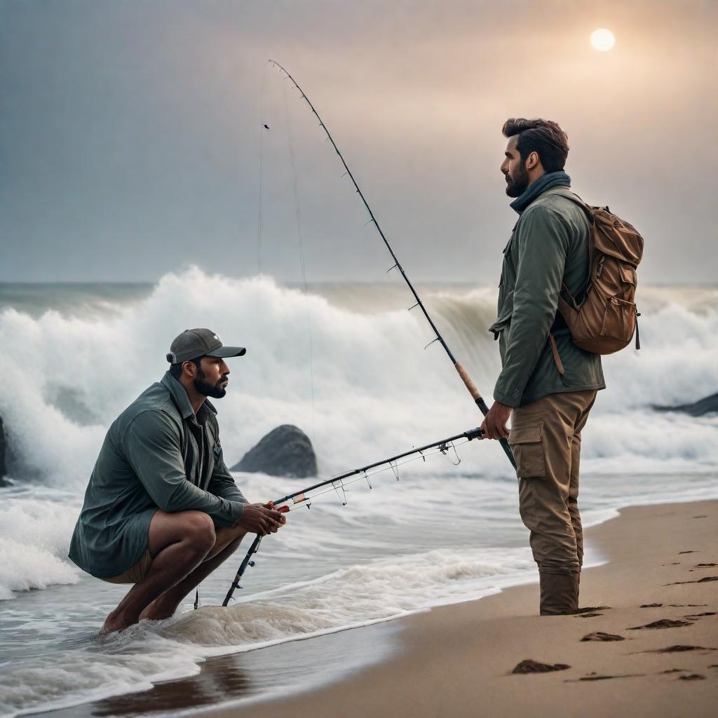  Create a realistic image of two people resembling the ones in the provided picture, fishing at the beach. hyperrealistic, full body, detailed clothing, highly detailed, cinematic lighting, stunningly beautiful, intricate, sharp focus, f/1. 8, 85mm, (centered image composition), (professionally color graded), ((bright soft diffused light)), volumetric fog, trending on instagram, trending on tumblr, HDR 4K, 8K