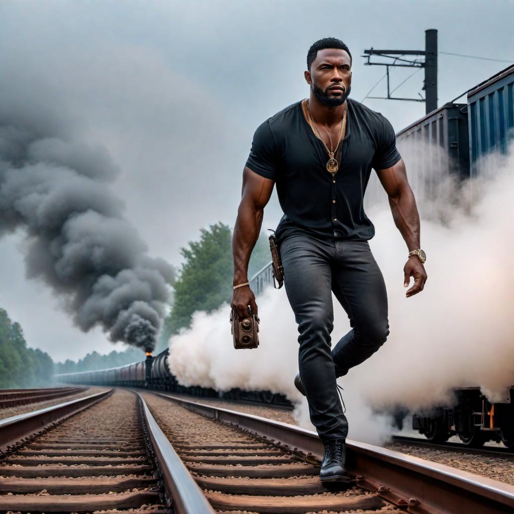  A picture of a black man riding the side of a freight train hyperrealistic, full body, detailed clothing, highly detailed, cinematic lighting, stunningly beautiful, intricate, sharp focus, f/1. 8, 85mm, (centered image composition), (professionally color graded), ((bright soft diffused light)), volumetric fog, trending on instagram, trending on tumblr, HDR 4K, 8K