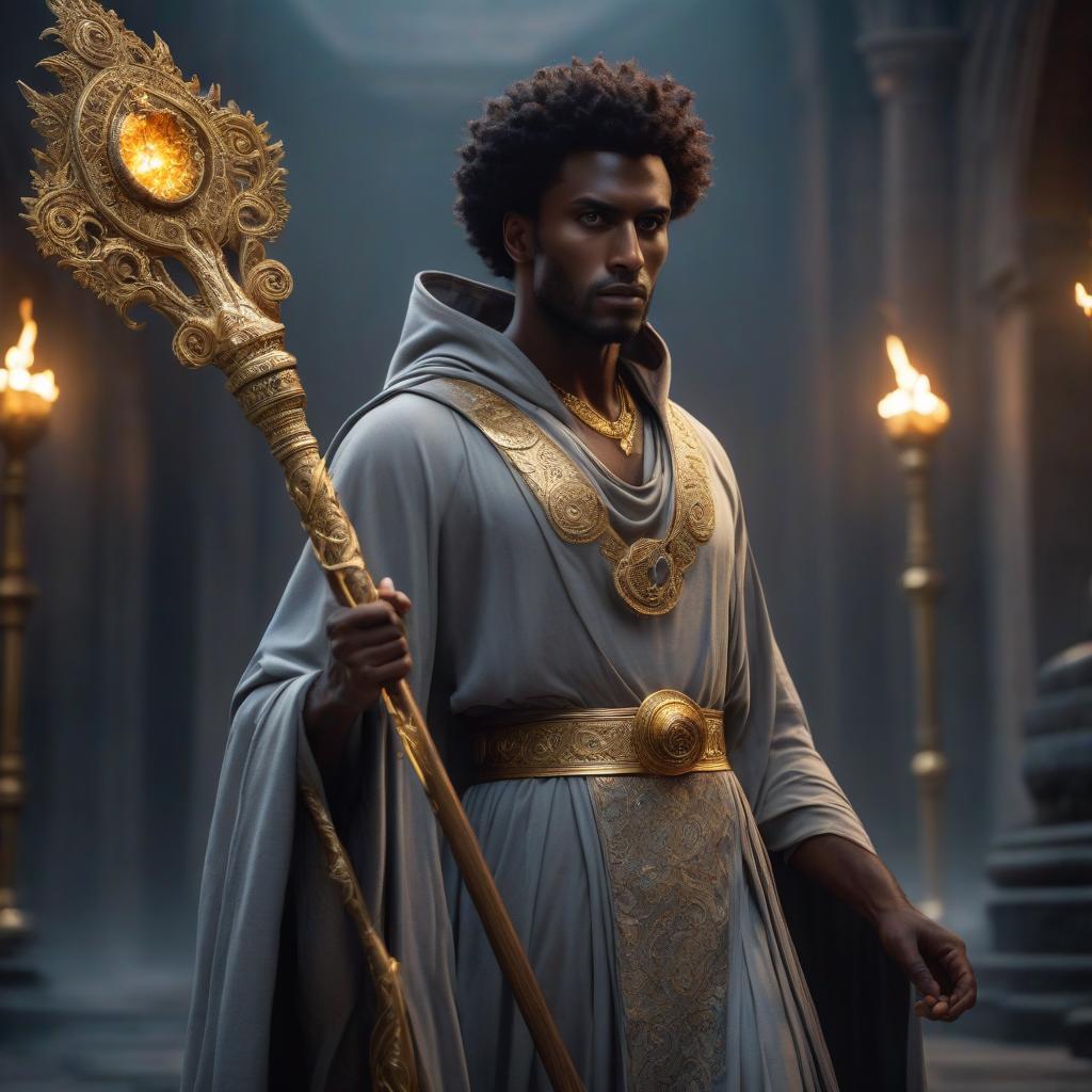  A young, dark skinned acolyte of a god, with gray robes and golden eyes, carrying a staff. hyperrealistic, full body, detailed clothing, highly detailed, cinematic lighting, stunningly beautiful, intricate, sharp focus, f/1. 8, 85mm, (centered image composition), (professionally color graded), ((bright soft diffused light)), volumetric fog, trending on instagram, trending on tumblr, HDR 4K, 8K