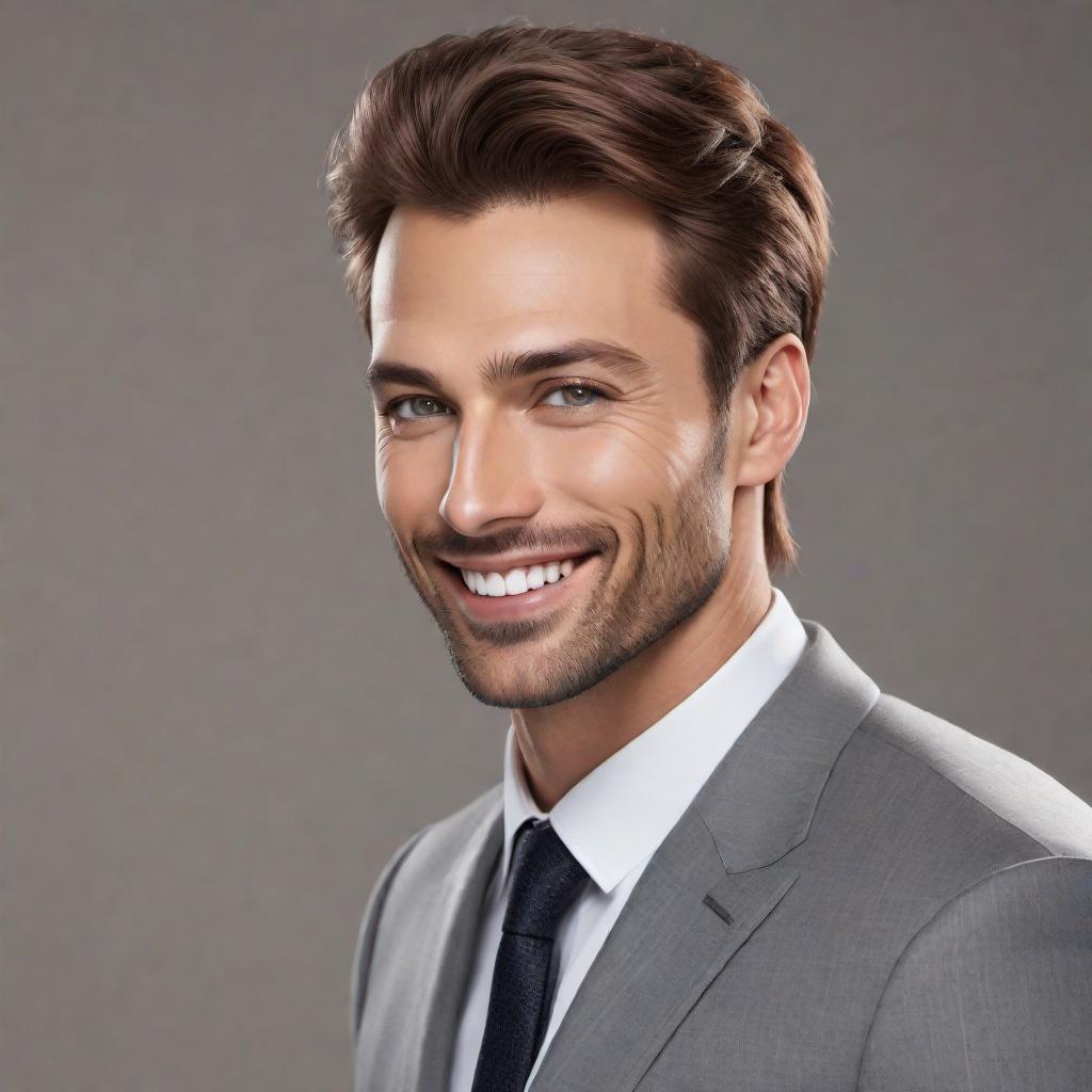  A tall, athletic man standing at 6 feet 3 inches with blanketing reddish-brown hair. He has well-spaced green-grey eyes that are more round and exude a very kind expression. His ears are more round and stand out slightly. His nose is wider and well-proportioned to his face. His fun-loving, contagious smile gives him genuine warmth, making his face appear very welcoming. He has a rounder head with well-defined dimples from smiling. His face features fuller, less defined cheeks and a childlike predisposition to genuine smiles. He has a rounder, more kind face with paler, more white skin and a rounded chin. hyperrealistic, full body, detailed clothing, highly detailed, cinematic lighting, stunningly beautiful, intricate, sharp focus, f/1. 8, 85mm, (centered image composition), (professionally color graded), ((bright soft diffused light)), volumetric fog, trending on instagram, trending on tumblr, HDR 4K, 8K