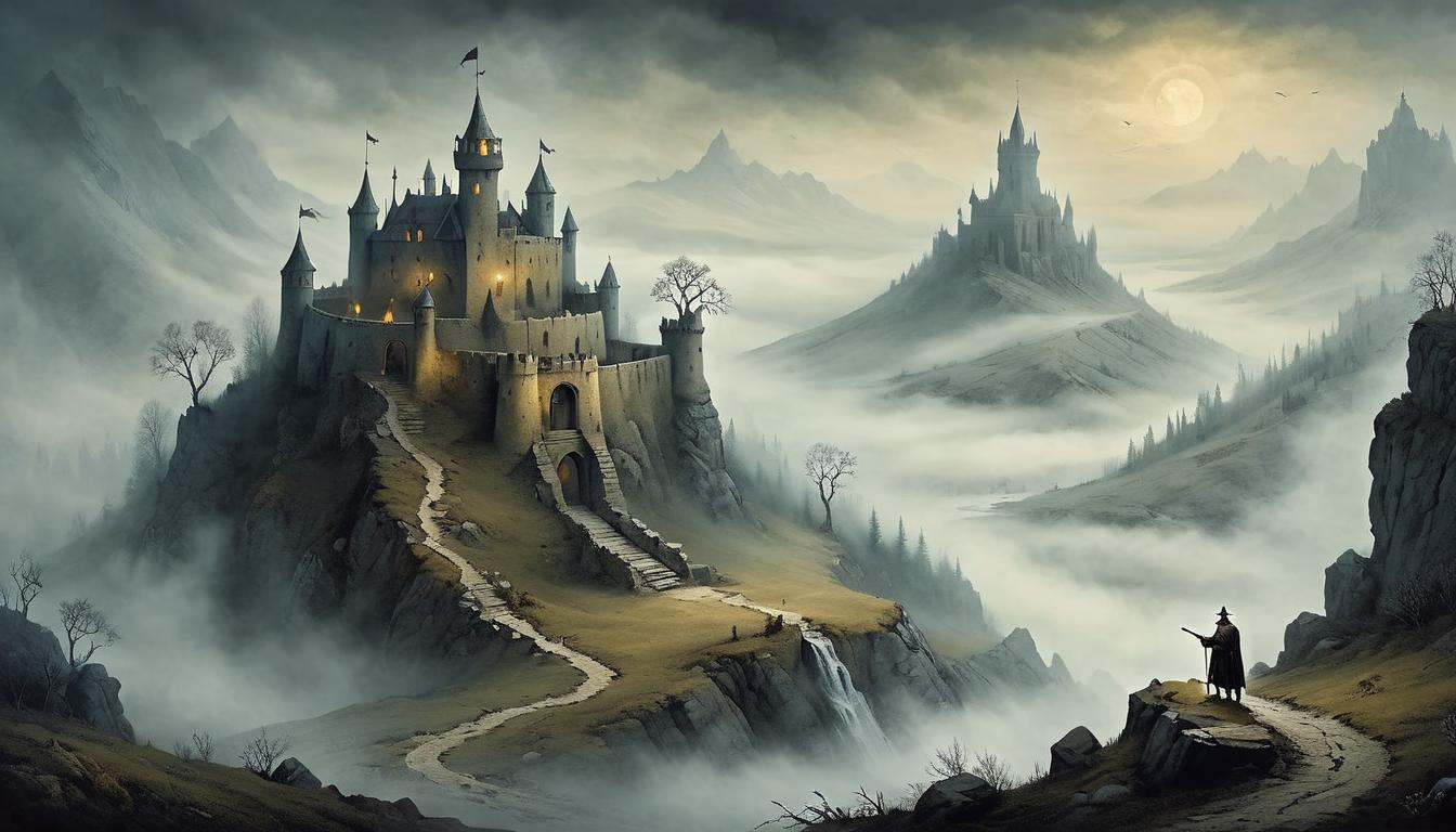  on parchment, surrealism+++, Lone fortress on a rugged hill, surrounded by mist, resilience, isolation, mystic atmosphere(mysterious, provocative, symbolic,muted color)+++