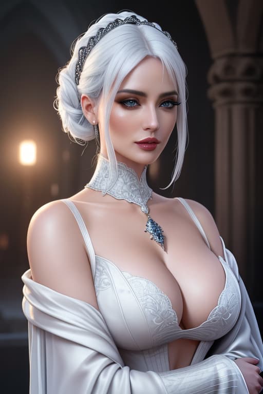  ultra realistic side portrait ((beautiful pale medieval sexiest lady with heavy black eyeliner)), stunning body, lustful, staring viewer, blue eyes, shaved side long wavy haircut, White hair, huge boobs, deep cleavage, hyper detail, cinematic lighting, magic neon, dark red medieval city, Canon EOS R3, nikon, f/1.4, ISO 200, 1/160s, 8K, RAW, unedited, symmetrical balance, in frame, 8K hyperrealistic, full body, detailed clothing, highly detailed, cinematic lighting, stunningly beautiful, intricate, sharp focus, f/1. 8, 85mm, (centered image composition), (professionally color graded), ((bright soft diffused light)), volumetric fog, trending on instagram, trending on tumblr, HDR 4K, 8K