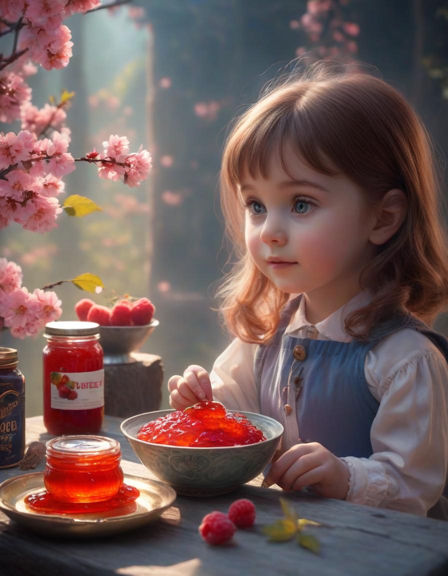  The child is eating jam. Background: sakura, haze, glow hyperrealistic, full body, detailed clothing, highly detailed, cinematic lighting, stunningly beautiful, intricate, sharp focus, f/1. 8, 85mm, (centered image composition), (professionally color graded), ((bright soft diffused light)), volumetric fog, trending on instagram, trending on tumblr, HDR 4K, 8K