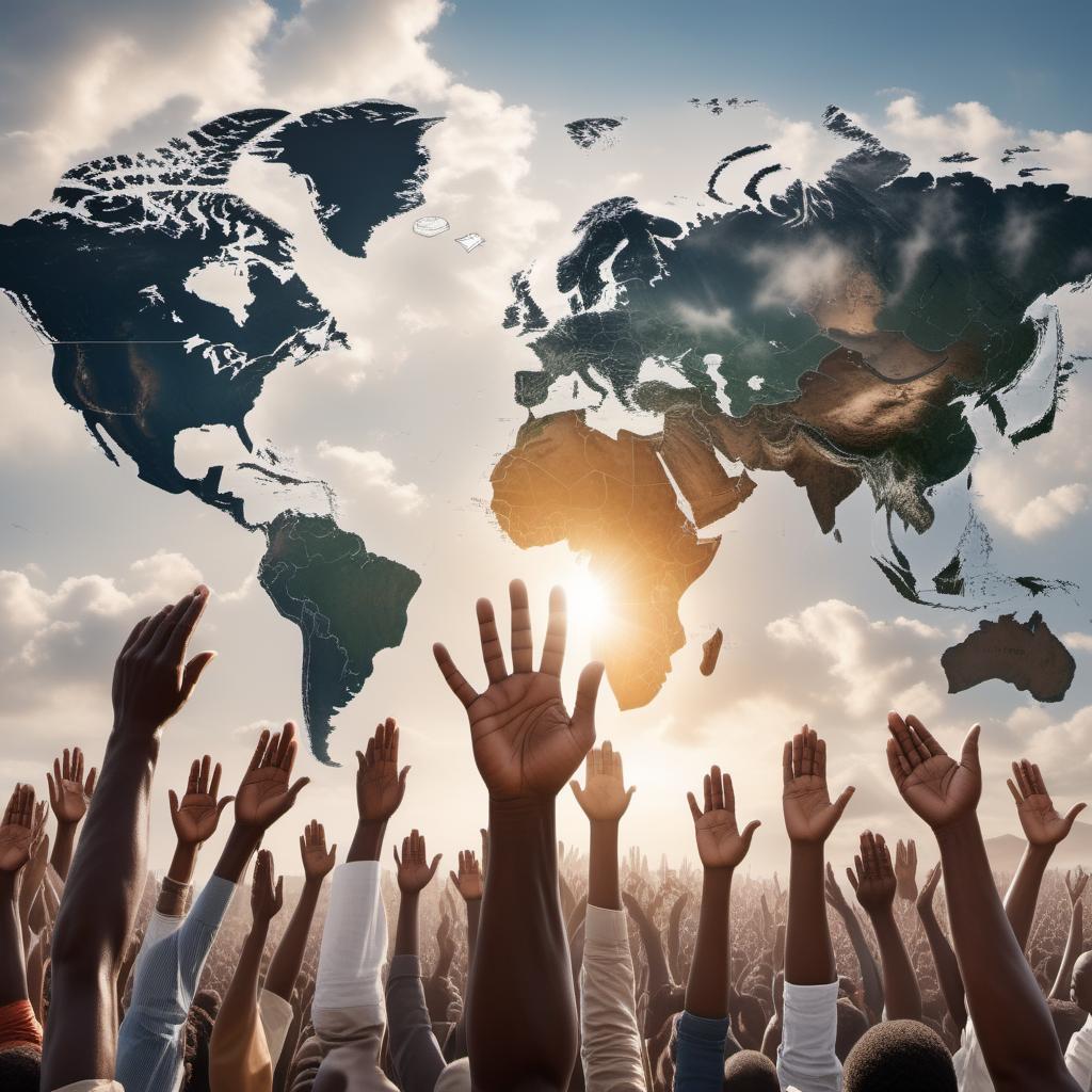  An intense image of thousands of people's hands from all over the world reaching out to the sky and praying for peace. The background should consist of a world map, with hands of different skin tones and cultural backgrounds reaching upwards towards the sky. The hands should be detailed and expressive, symbolizing hope and a plea for global peace. The world map in the background should be subtle but noticeable, indicating the global scope of the prayer. hyperrealistic, full body, detailed clothing, highly detailed, cinematic lighting, stunningly beautiful, intricate, sharp focus, f/1. 8, 85mm, (centered image composition), (professionally color graded), ((bright soft diffused light)), volumetric fog, trending on instagram, trending on tumblr, HDR 4K, 8K