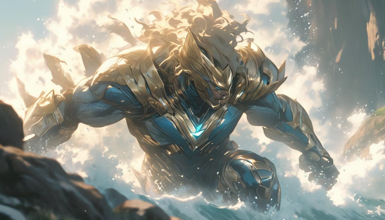  hyperrealism,fantasy aestheticWaves crashing against a cliff, water breaking into spray, rugged cliffside, strong sea current, relentless, dynamic, powerful clash, high tech clothing clad in sleek, futuristic costume with metallic accents and form fitting designs, marvel superhero comics style, unreal engine rendering