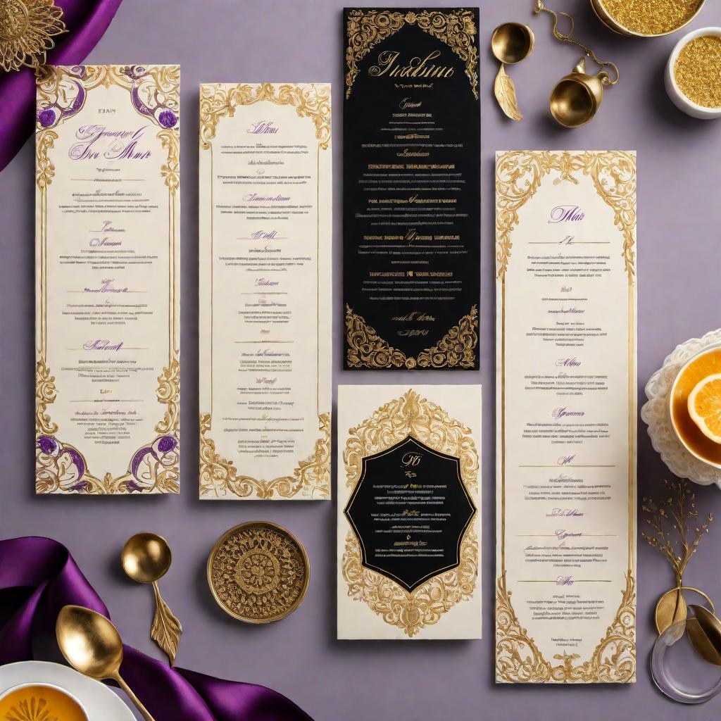  A wedding drink menu using the colors gold, purple, and black. The menu should include only four different drink options. Design it in an elegant and simple style with ornate borders. Use Arial font and subtle renaissance patterns or elements for a sophisticated look. hyperrealistic, full body, detailed clothing, highly detailed, cinematic lighting, stunningly beautiful, intricate, sharp focus, f/1. 8, 85mm, (centered image composition), (professionally color graded), ((bright soft diffused light)), volumetric fog, trending on instagram, trending on tumblr, HDR 4K, 8K