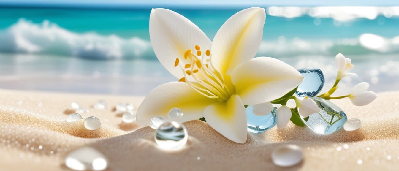  Macro Photography, Beach summer panoramic background with Jasmine flower on the cristal sand and glory water, close up, macro 100mm, macro photography