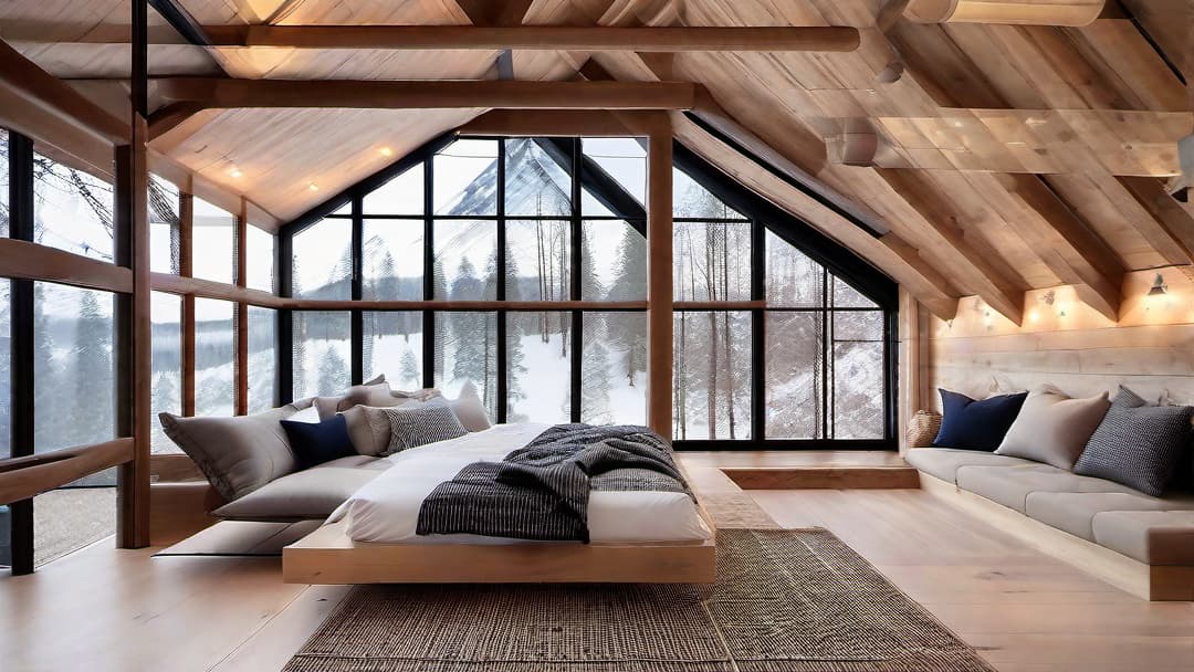  Cozy cabin loft bedroom under the eaves, featuring exposed wooden beams, rustic wooden walls, a comfortable bed with plaid blankets and pillows, a small window letting in natural light, a woven area rug, and warm, ambient lighting