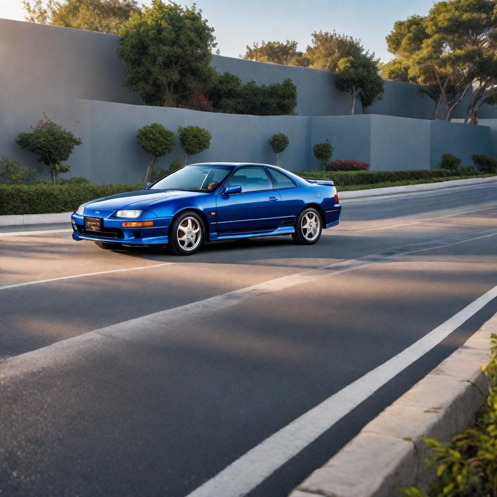  1996 Honda Prelude Si in blue color, parked on a road. The car should showcase its sporty design elements, including its sleek front grille, distinctive alloy wheels, and characteristic mid-90s coupe body lines. The background should be simple to keep the focus on the car. hyperrealistic, full body, detailed clothing, highly detailed, cinematic lighting, stunningly beautiful, intricate, sharp focus, f/1. 8, 85mm, (centered image composition), (professionally color graded), ((bright soft diffused light)), volumetric fog, trending on instagram, trending on tumblr, HDR 4K, 8K