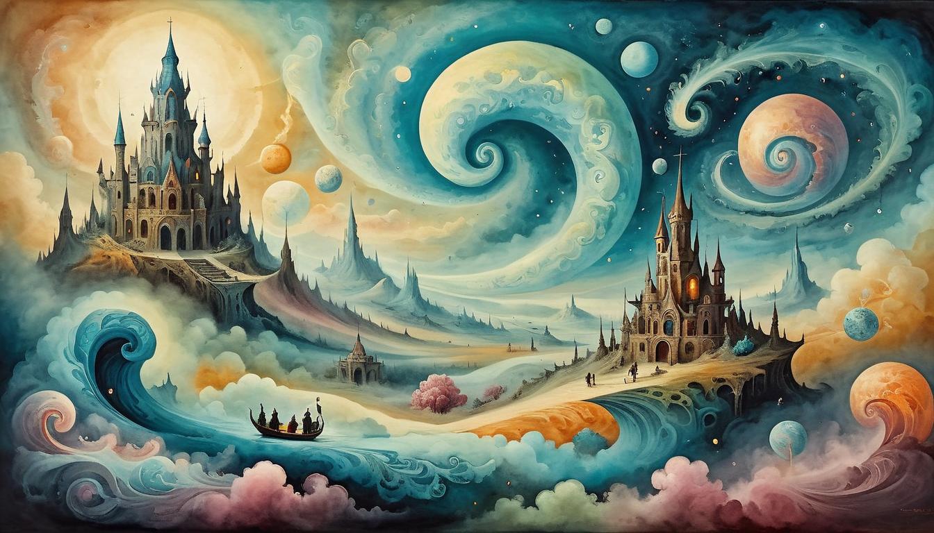  on parchment, surrealism+++, A dreamscape scene, swirling colors and nebulous shapes, vivid imagery, surreal, otherworldly, enchanting(mysterious, provocative, symbolic,muted color)+++