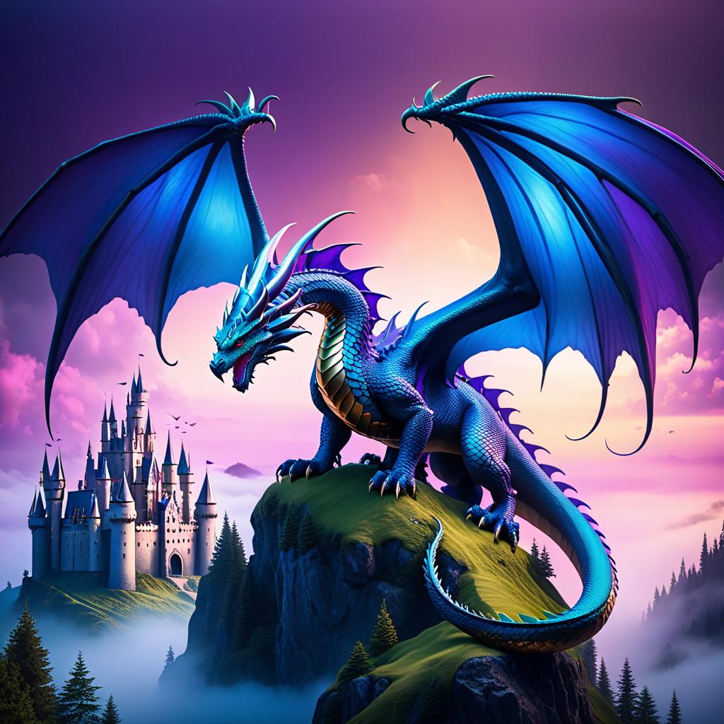  ethereal fantasy concept art of (Background): Blue sky. In the sky there is a green island. A castle with a scaly roof rises in the centre of the island. A large dragon is curled around the castle. He is its caring guardian. Foreground. (Dragon):Appearance: a peacefully slumbering dragon, hugging the castle with its wings. (Colour of scales and wings):blue, smoothly passing to pink violet wings with golden scales on the end. . magnificent, celestial, ethereal, painterly, epic, majestic, magical, fantasy art, cover art, dreamy hyperrealistic, full body, detailed clothing, highly detailed, cinematic lighting, stunningly beautiful, intricate, sharp focus, f/1. 8, 85mm, (centered image composition), (professionally color graded), ((bright soft diffused light)), volumetric fog, trending on instagram, trending on tumblr, HDR 4K, 8K