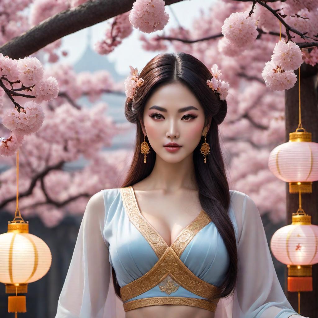  Libra-themed girl in a lofi Asian fantasy style, blending elements of celestial balance with traditional Asian aesthetics. She should have an aura of tranquility, perhaps holding scales, amidst a dreamy, serene background with lanterns and cherry blossoms. hyperrealistic, full body, detailed clothing, highly detailed, cinematic lighting, stunningly beautiful, intricate, sharp focus, f/1. 8, 85mm, (centered image composition), (professionally color graded), ((bright soft diffused light)), volumetric fog, trending on instagram, trending on tumblr, HDR 4K, 8K