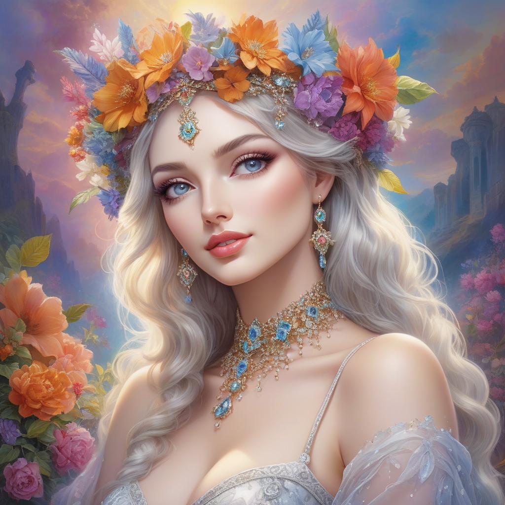  surrealist art A portrait of a woman with a flower crown and bejeweled accessories against a soft, colorful background. Watercolor in the style of Josephine Wall, Tomasz Allen Kopera, Dariusz Zawadzki, Andreja Peklar, Ivan Shiskine,Create an image of a young woman with a radiant and cheerful expression. Her skin is smooth with a fair complexion. She has large, captivating eyes with a gentle gaze and well defined eyebrows. Her full lips curve into a warm, inviting smile that enhances her approachable aura. Her hair is voluminous and flows in luxurious, well defined waves, cascading around her face and shoulders. The hair color is a soft, monochromatic hue that harmonizes with the colour tone of the image, giving an overall classical and time hyperrealistic, full body, detailed clothing, highly detailed, cinematic lighting, stunningly beautiful, intricate, sharp focus, f/1. 8, 85mm, (centered image composition), (professionally color graded), ((bright soft diffused light)), volumetric fog, trending on instagram, trending on tumblr, HDR 4K, 8K