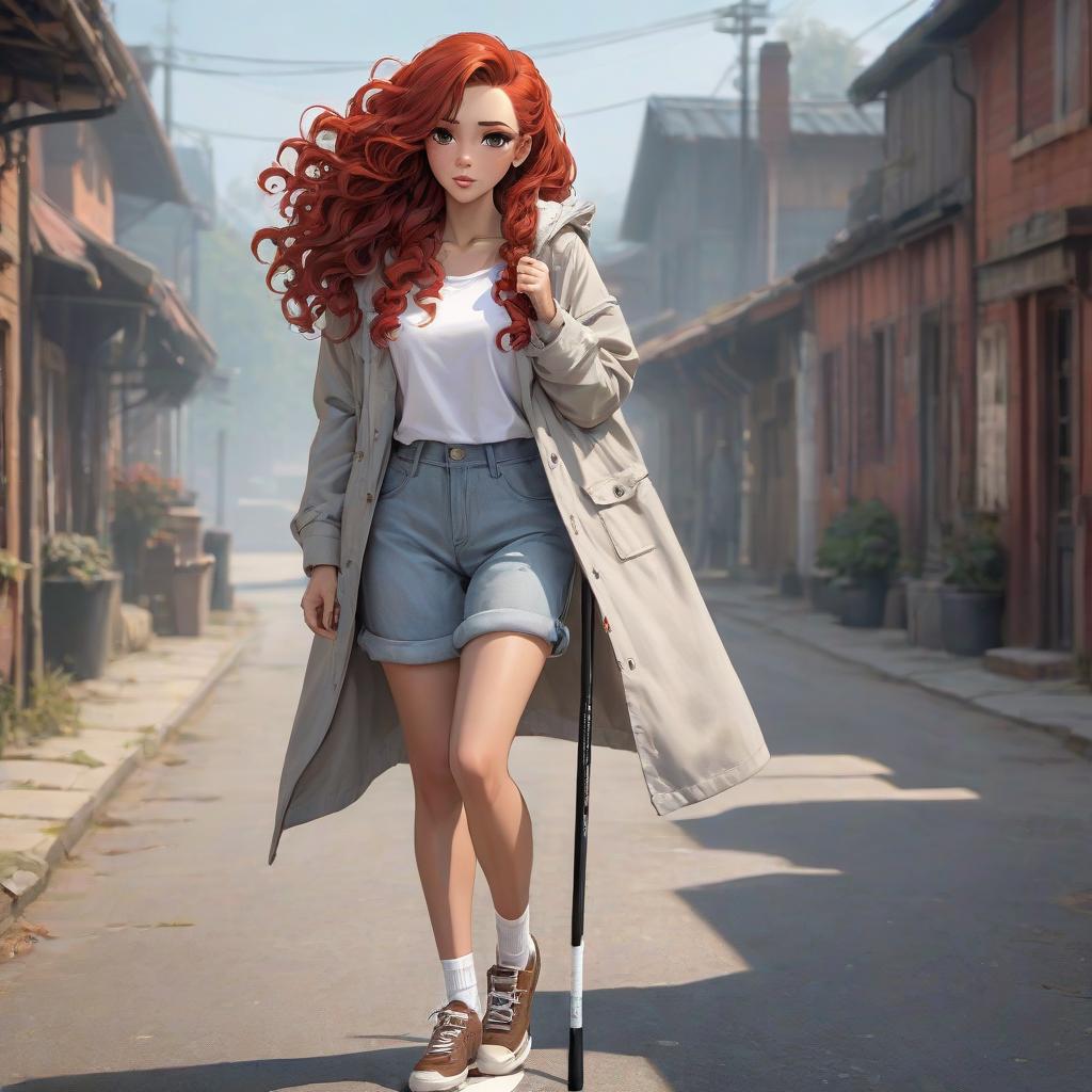  A , red hair with white ids in it. Hair clips, upturned nose. Gray eyes. Vitiligo with light colored patches on the skin. Grown up, average body build, long curly hair down to her , dressed in simple country clothing and brown sneakers, leaning on a cane. ART hyperrealistic, full body, detailed clothing, highly detailed, cinematic lighting, stunningly beautiful, intricate, sharp focus, f/1. 8, 85mm, (centered image composition), (professionally color graded), ((bright soft diffused light)), volumetric fog, trending on instagram, trending on tumblr, HDR 4K, 8K