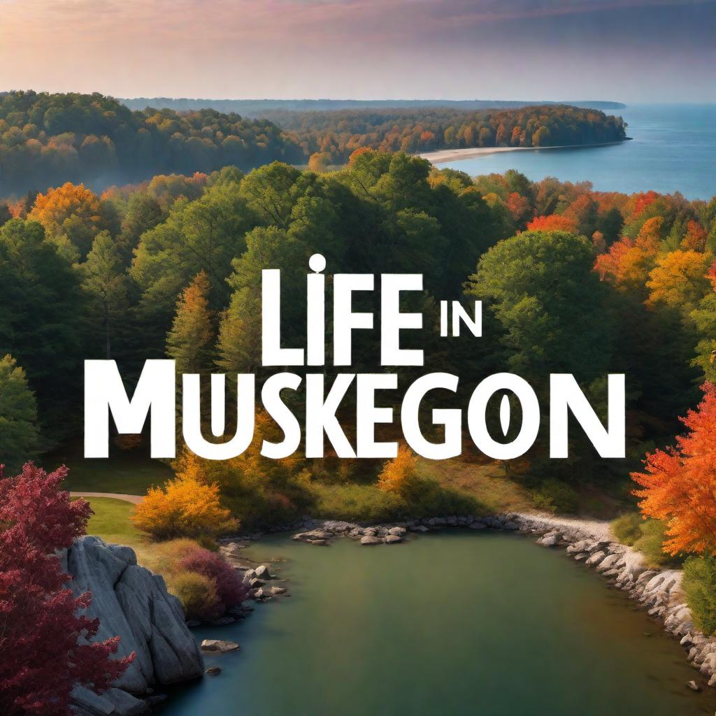  Word Logo with the text 'Life In Muskegon' in retro funky font. No pictures or additional graphics, just the word art in a vibrant and eye-catching style. hyperrealistic, full body, detailed clothing, highly detailed, cinematic lighting, stunningly beautiful, intricate, sharp focus, f/1. 8, 85mm, (centered image composition), (professionally color graded), ((bright soft diffused light)), volumetric fog, trending on instagram, trending on tumblr, HDR 4K, 8K