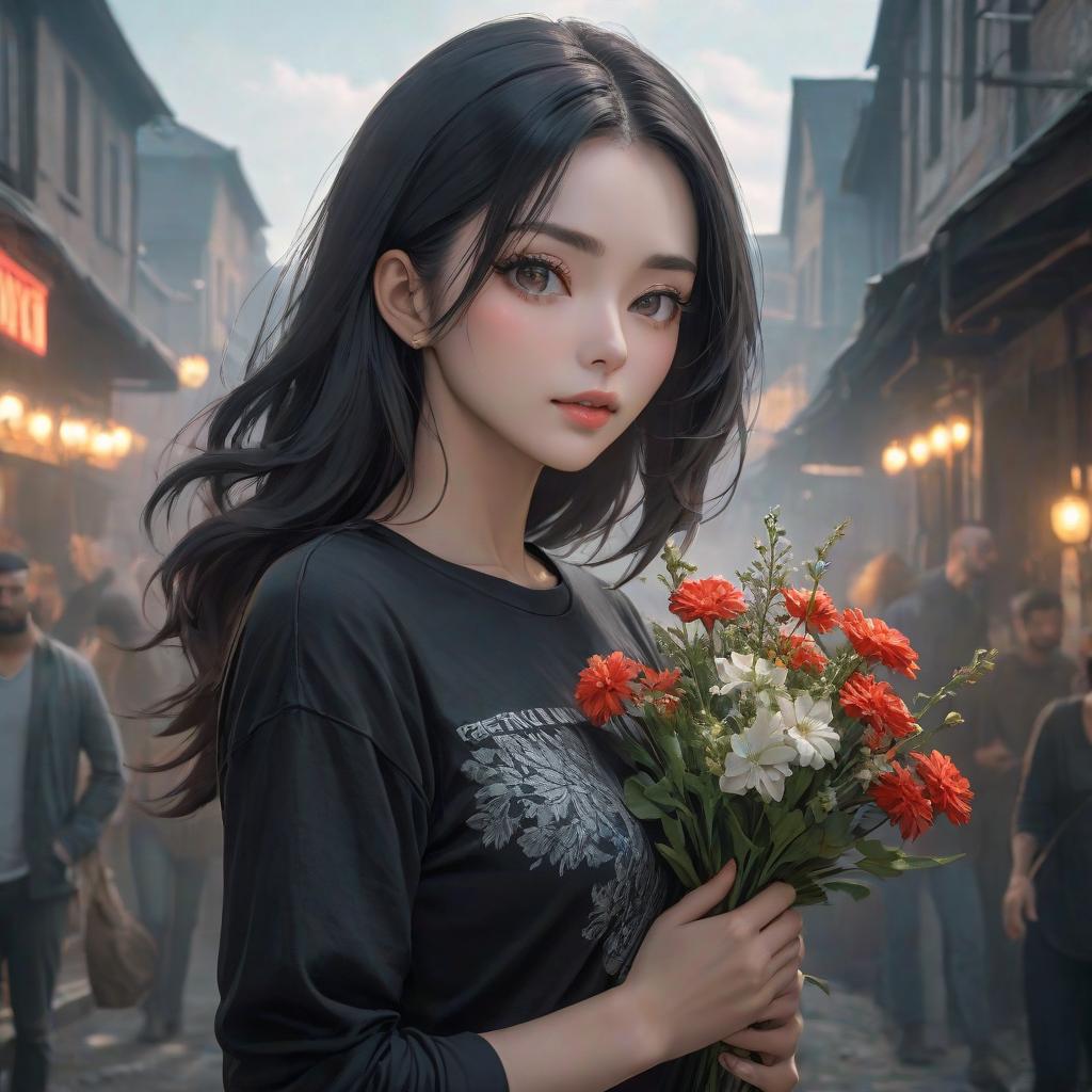  a woman, with flowers in her hands, stands tall, in the background, in a black T shirt hyperrealistic, full body, detailed clothing, highly detailed, cinematic lighting, stunningly beautiful, intricate, sharp focus, f/1. 8, 85mm, (centered image composition), (professionally color graded), ((bright soft diffused light)), volumetric fog, trending on instagram, trending on tumblr, HDR 4K, 8K