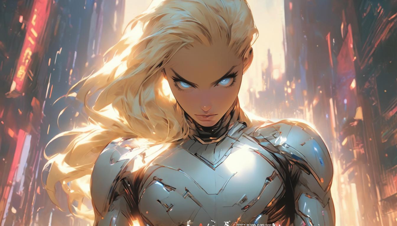  hyperrealism,fantasy aesthetic1woman, large busted attractive blonde arian female humanoid, transformative journey to 5d, dedication, mindfulness, deep connection, serene face, high tech clothing clad in sleek, futuristic costume with metallic accents and form fitting designs, marvel superhero comics style, unreal engine rendering