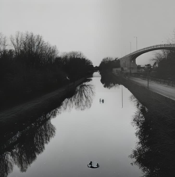 analog style Create an image of a small bridge over the canal and two men crossing it. Reflection of a full moon is seen in canal waters. Its a starry night.