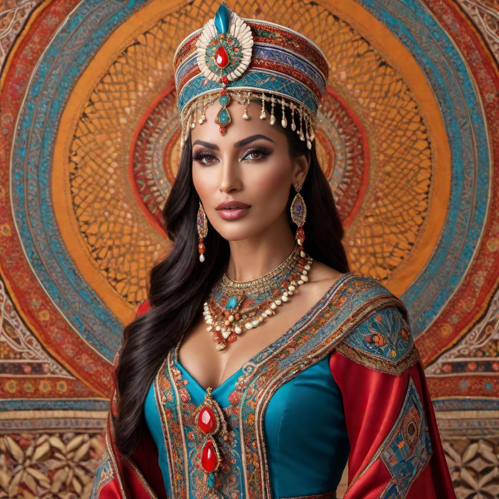  A traditional Queen from southern Morocco, adorned in cultural attire with vibrant, colorful fabrics featuring intricate patterns and ornaments. She wears an elaborate headdress with traditional Moroccan designs, decorated with gemstones and possibly feathers. The backdrop includes elements of southern Moroccan architecture and landscapes, such as adobe buildings, desert scenery, or local flora. hyperrealistic, full body, detailed clothing, highly detailed, cinematic lighting, stunningly beautiful, intricate, sharp focus, f/1. 8, 85mm, (centered image composition), (professionally color graded), ((bright soft diffused light)), volumetric fog, trending on instagram, trending on tumblr, HDR 4K, 8K