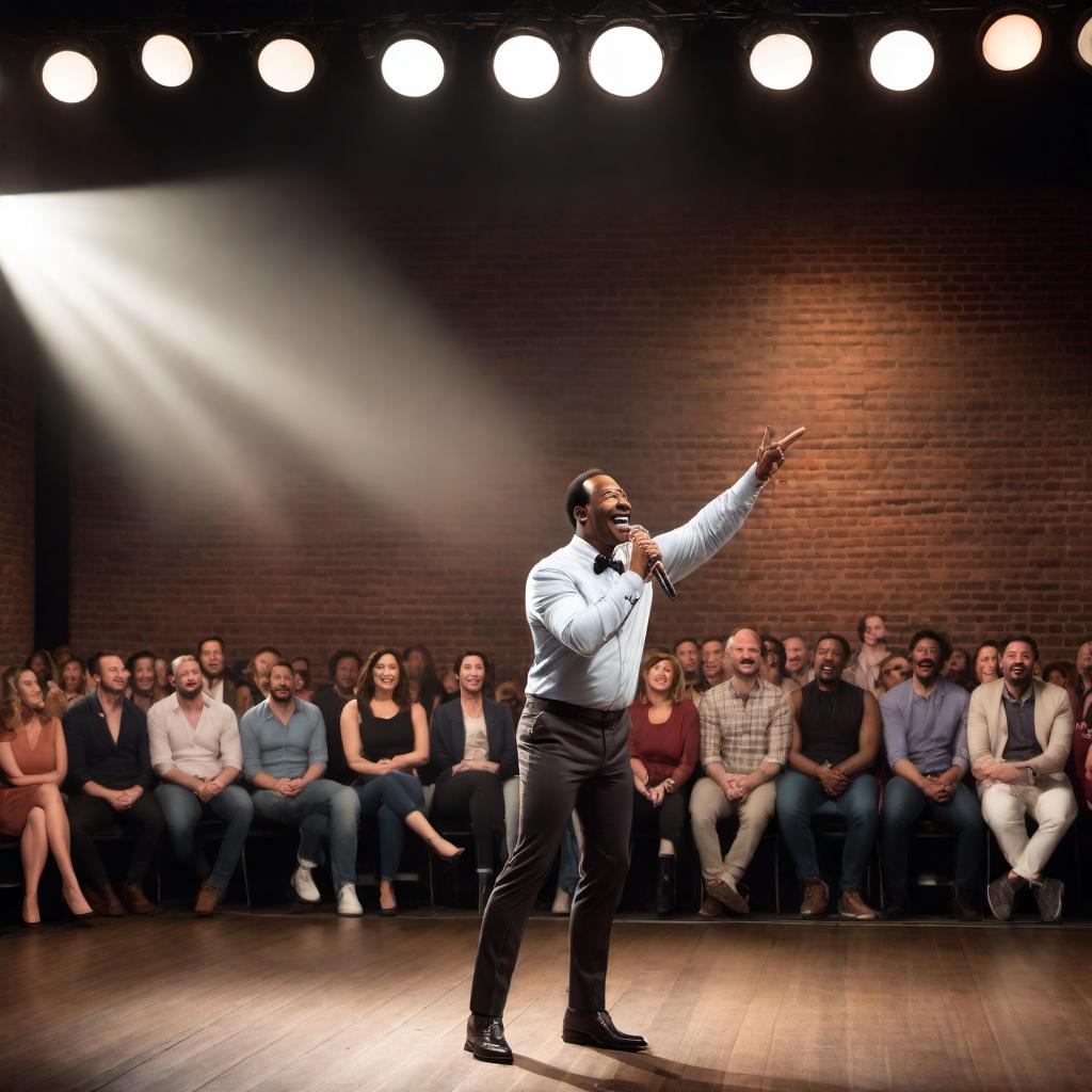  A lively comedy stage with a spotlight focusing on a comedian delivering one-liners. The comedian has a big, expressive grin, reminiscent of Eddie Murphy's style. The audience is in the dark but you can see some faces and laughter, some people even holding their stomachs from laughing hard. The backdrop of the stage is a classic brick wall with a microphone stand in front. The scene is filled with energy and humor, with the comedian making animated gestures and his expressive face conveying the hilarity of the one-liners. hyperrealistic, full body, detailed clothing, highly detailed, cinematic lighting, stunningly beautiful, intricate, sharp focus, f/1. 8, 85mm, (centered image composition), (professionally color graded), ((bright soft diffused light)), volumetric fog, trending on instagram, trending on tumblr, HDR 4K, 8K