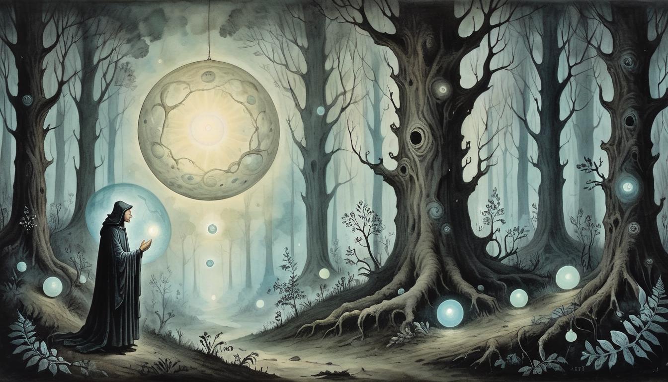  on parchment, surrealism+++, A solitary figure in a dark forest, eyes closed, with soft, luminescent orbs hovering around, highlighting the subtle forms of hidden creatures around them, mystical, heightened awareness(mysterious, provocative, symbolic,muted color)+++