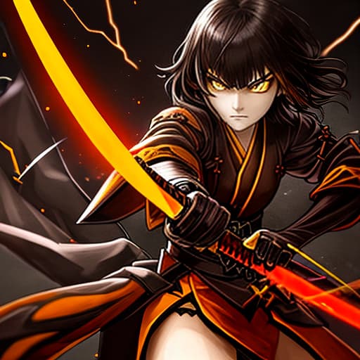  a demon hunter with short dark brown chopped hair, brown eyes, yellow and orange kimono with triangles, uses a katana with lightning details and a determined look