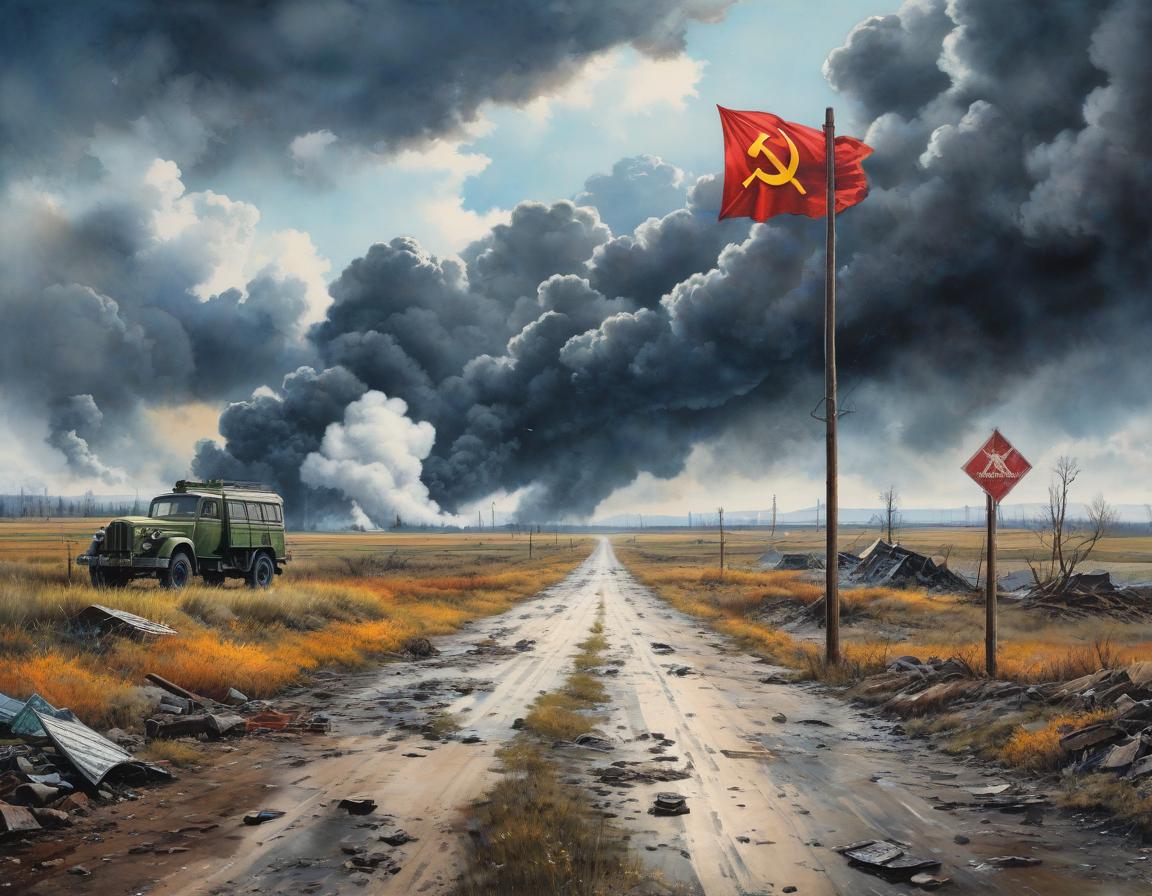  Sign of radioactive danger, nearby a road leads far, (postcard in the style of the Soviet Union:1.4), on the sky black clouds, high quality rendering (with watercolor paints:1.3), around fly trash and debris, bright colors, detailed rendering, Soviet art, strongly expressed Soviet style hyperrealistic, full body, detailed clothing, highly detailed, cinematic lighting, stunningly beautiful, intricate, sharp focus, f/1. 8, 85mm, (centered image composition), (professionally color graded), ((bright soft diffused light)), volumetric fog, trending on instagram, trending on tumblr, HDR 4K, 8K