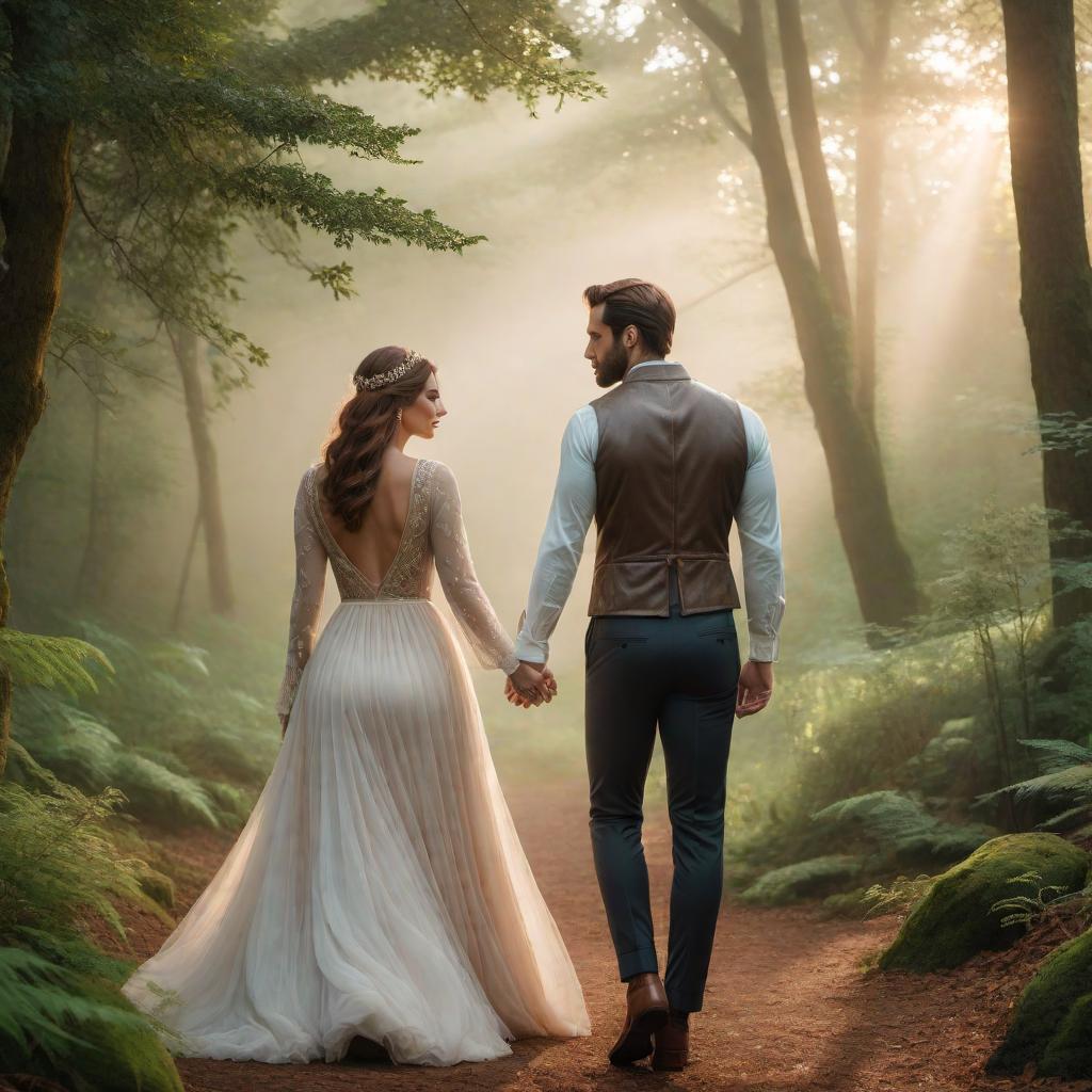  A couple labeled 'Aries' and 'Capricorn,' walking hand-in-hand through a serene, wooded area. The scene captures a relaxed, intimate moment between them. The image should have a dreamy, fantasy lo-fi aesthetic, with soft muted colors, grainy textures, warm lighting, whimsical elements like glowing fairy lights, ethereal mist, and sparkles. The overall vibe should be calm, nostalgic, and magical. hyperrealistic, full body, detailed clothing, highly detailed, cinematic lighting, stunningly beautiful, intricate, sharp focus, f/1. 8, 85mm, (centered image composition), (professionally color graded), ((bright soft diffused light)), volumetric fog, trending on instagram, trending on tumblr, HDR 4K, 8K