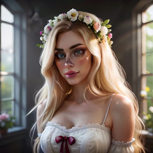  detailed and realistic portrait of a rapunzel maid with a few freckles, long blonde disheveled hairs, multicolor mesmerizing eyes, dark fluffy dress, soft natural lighting, portrait photography, magical photography, dramatic lighting, photo realism, ultra detailed, intimate portrait composition, flowers in background, Leica 50mm, f1. 4 hyperrealistic, full body, detailed clothing, highly detailed, cinematic lighting, stunningly beautiful, intricate, sharp focus, f/1. 8, 85mm, (centered image composition), (professionally color graded), ((bright soft diffused light)), volumetric fog, trending on instagram, trending on tumblr, HDR 4K, 8K