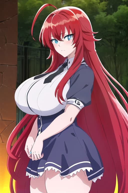  her gigantic getting ed in a short ,masterpiece, best quality, 1women, long red hair, looking at viewer, :3, cute, black uniform, outdoors, streets, cowboy shot, curvy, (((blue eyes))), rias gremory, red hair, antenna hair, wavy hair, ((beautiful detailed eyes, beautiful detailed glow, lots of glow)), anime screencap