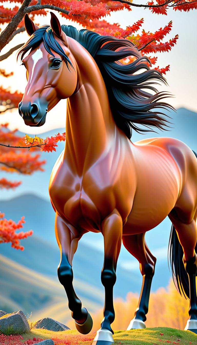  Professional 3D model of A beautiful, graceful horse stands on top of a mountain and looks out over the sea. It's autumn and leaves are blowing in the wind. The horse stands under a tree. The horse has Long hair. . Rendered with Octane, the model is highly detailed,dramatic lighting. hyperrealistic, full body, detailed clothing, highly detailed, cinematic lighting, stunningly beautiful, intricate, sharp focus, f/1. 8, 85mm, (centered image composition), (professionally color graded), ((bright soft diffused light)), volumetric fog, trending on instagram, trending on tumblr, HDR 4K, 8K