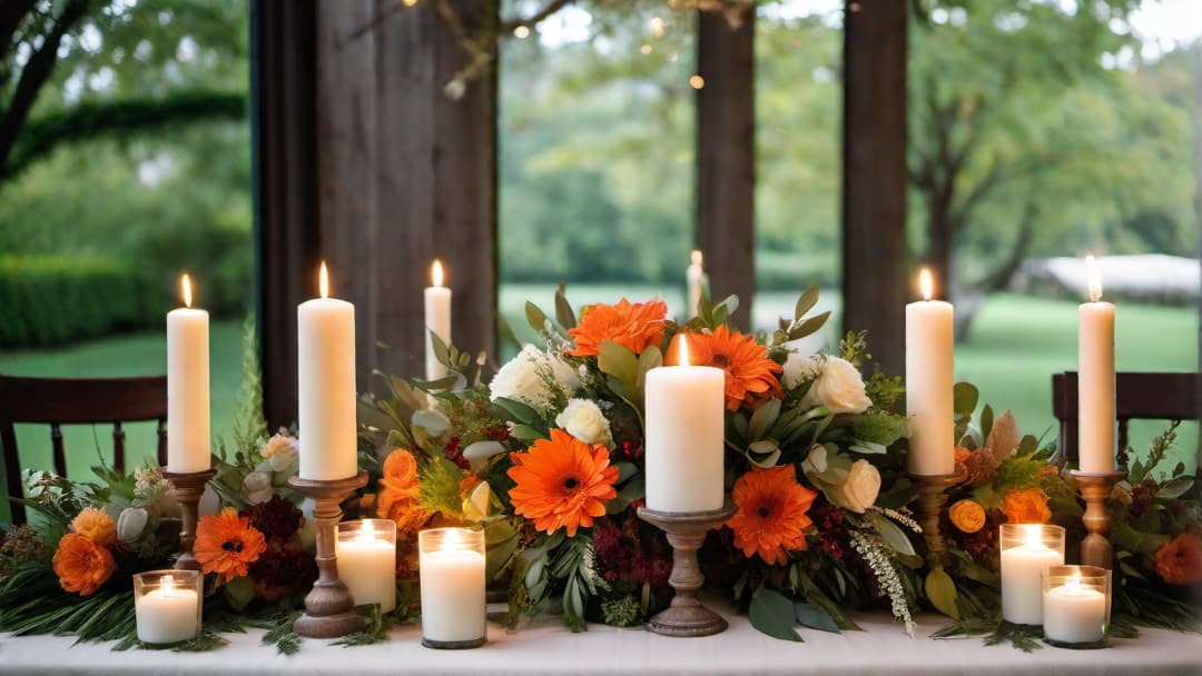  Generate an image of a romantic wedding reception with beautiful <strong>wedding table centerpieces</strong> suitable for an elegant autumn event. The focus should be on <strong>wood slice centerpieces</strong> adorned with lush greenery, delicate flowers in warm autumn hues, and flickering candles. Include tree centerpieces to add a whimsical touch to the decor. The overall atmosphere should reflect a <strong>Rustic Wedding</strong> theme with earthy tones and organic textures, perfect for creating a warm and inviting ambiance. hyperrealistic, full body, detailed clothing, highly detailed, cinematic lighting, stunningly beautiful, intricate, sharp focus, f/1. 8, 85mm, (centered image composition), (professionally color graded), ((bright soft diffused light)), volumetric fog, trending on instagram, trending on tumblr, HDR 4K, 8K