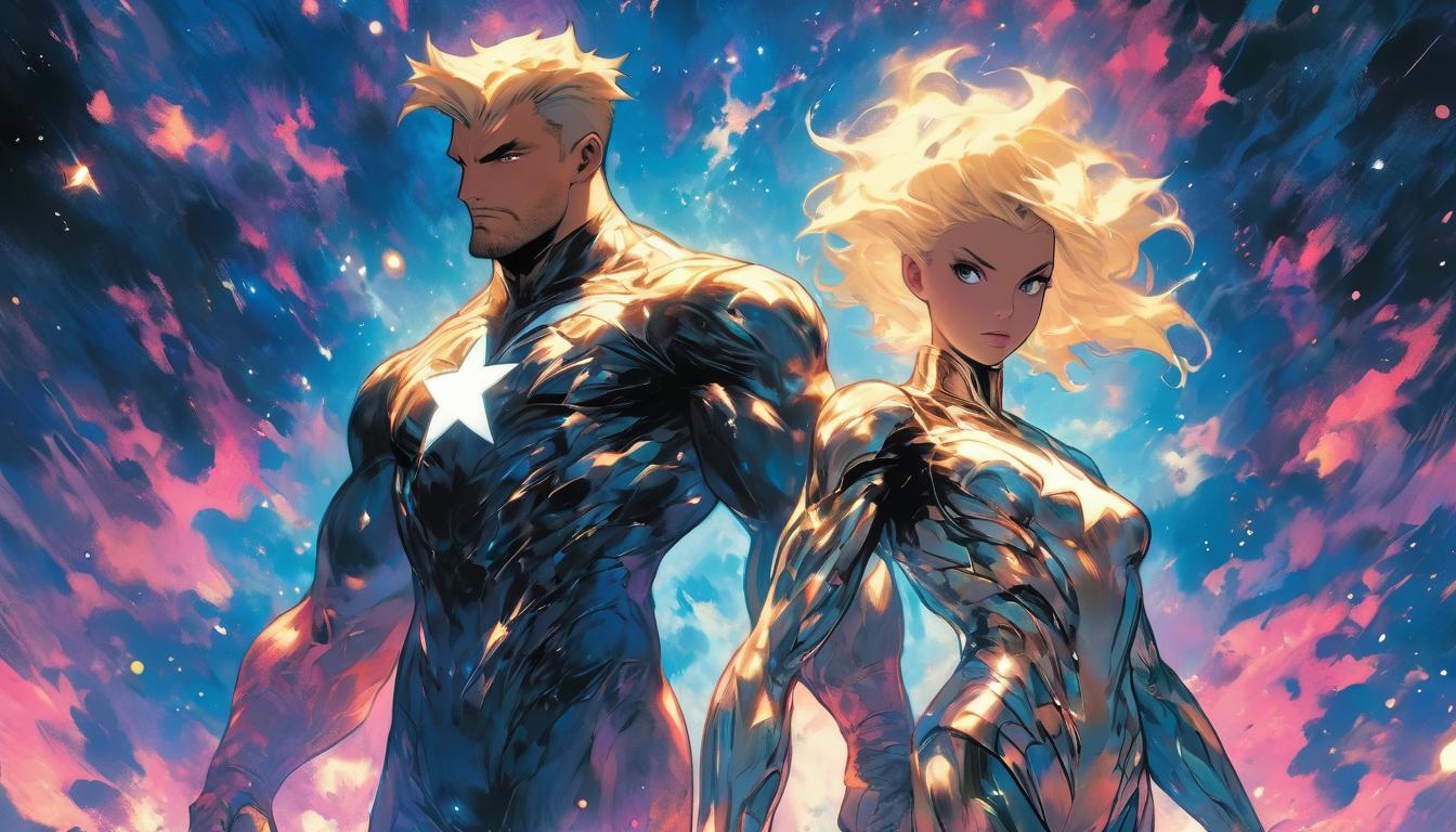  hyperrealism,fantasy aesthetic1man1woman, large busted attractive blonde arian female humanoid and handsome male humanoid, starry sky backdrop, cosmic energy swirling, high tech clothing clad in sleek, futuristic costume with metallic accents and form fitting designs, marvel superhero comics style, unreal engine rendering