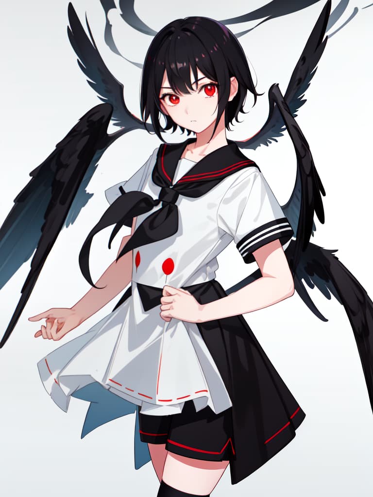  Shota, sailor suit, shorts, black hair, shorter hair, red eye, black angel wings, boys, masterpiece, best quality,8k,ultra detailed,high resolution,an extremely delicate and beautiful,hyper detail