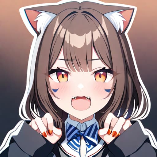  masterpiece, best quality, 1, solo, animal ears, bow, teeth, jacket, tail, open mouth, brown hair, orange background, bowtie, orange nails, simple background, cat ears, orange eyes, blue bow, animal ear fluff, cat tail, looking at viewer, upper body, shirt, uniform, hood, striped bow, striped, white shirt, blac jacket, blue bowtie, fingernails, long sleeves, cat , bangs, fangs, collared shirt, striped bowtie, short hair, tongue, hoodie, sharp teeth, facial mark, claw pose hyperrealistic, full body, detailed clothing, highly detailed, cinematic lighting, stunningly beautiful, intricate, sharp focus, f/1. 8, 85mm, (centered image composition), (professionally color graded), ((bright soft diffused light)), volumetric fog, trending on instagram, trending on tumblr, HDR 4K, 8K