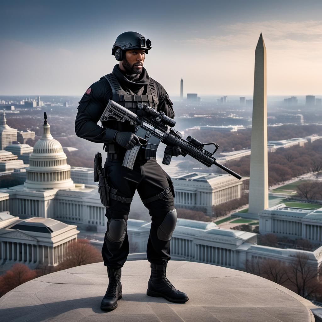  A black sniper dressed in all black gear with a modern sniper rifle equipped with a red dot sight. The scene is set in Washington D.C., with recognizable landmarks like the Capitol Building or the Washington Monument visible in the background. The sniper is positioned tactically, blending with the urban environment. hyperrealistic, full body, detailed clothing, highly detailed, cinematic lighting, stunningly beautiful, intricate, sharp focus, f/1. 8, 85mm, (centered image composition), (professionally color graded), ((bright soft diffused light)), volumetric fog, trending on instagram, trending on tumblr, HDR 4K, 8K