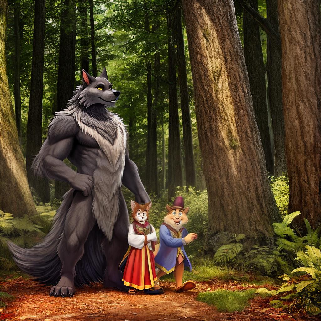  with the enchanting style of Disney, werewolf dad and son in forest