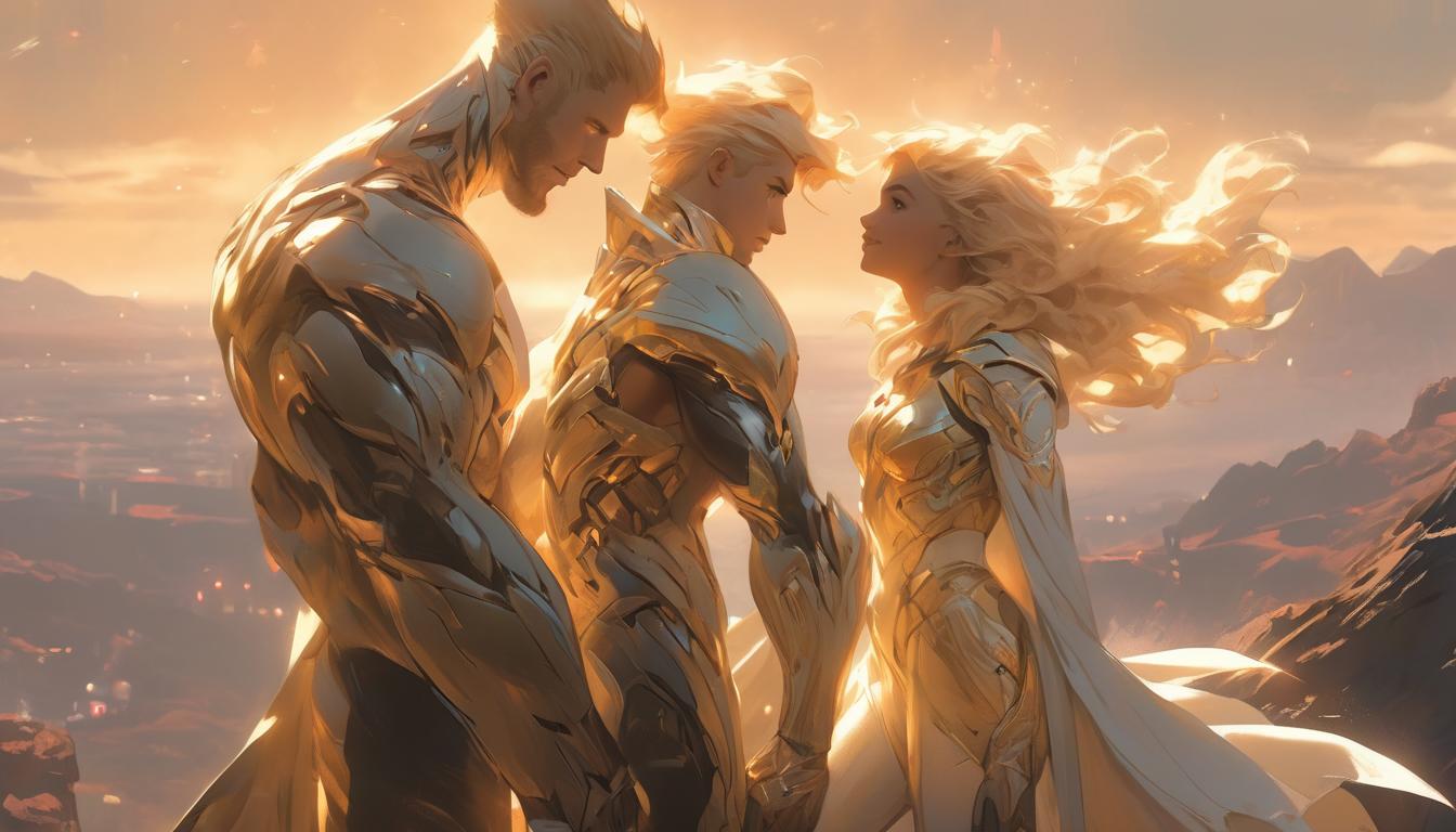  hyperrealism,fantasy aesthetic1man1woman, large busted attractive blonde arian female humanoid and handsome arian male humanoid, standing on a mountaintop, stars swirling, beacon of higher consciousness, high tech clothing clad in sleek, futuristic costume with metallic accents and form fitting designs, marvel superhero comics style, unreal engine rendering