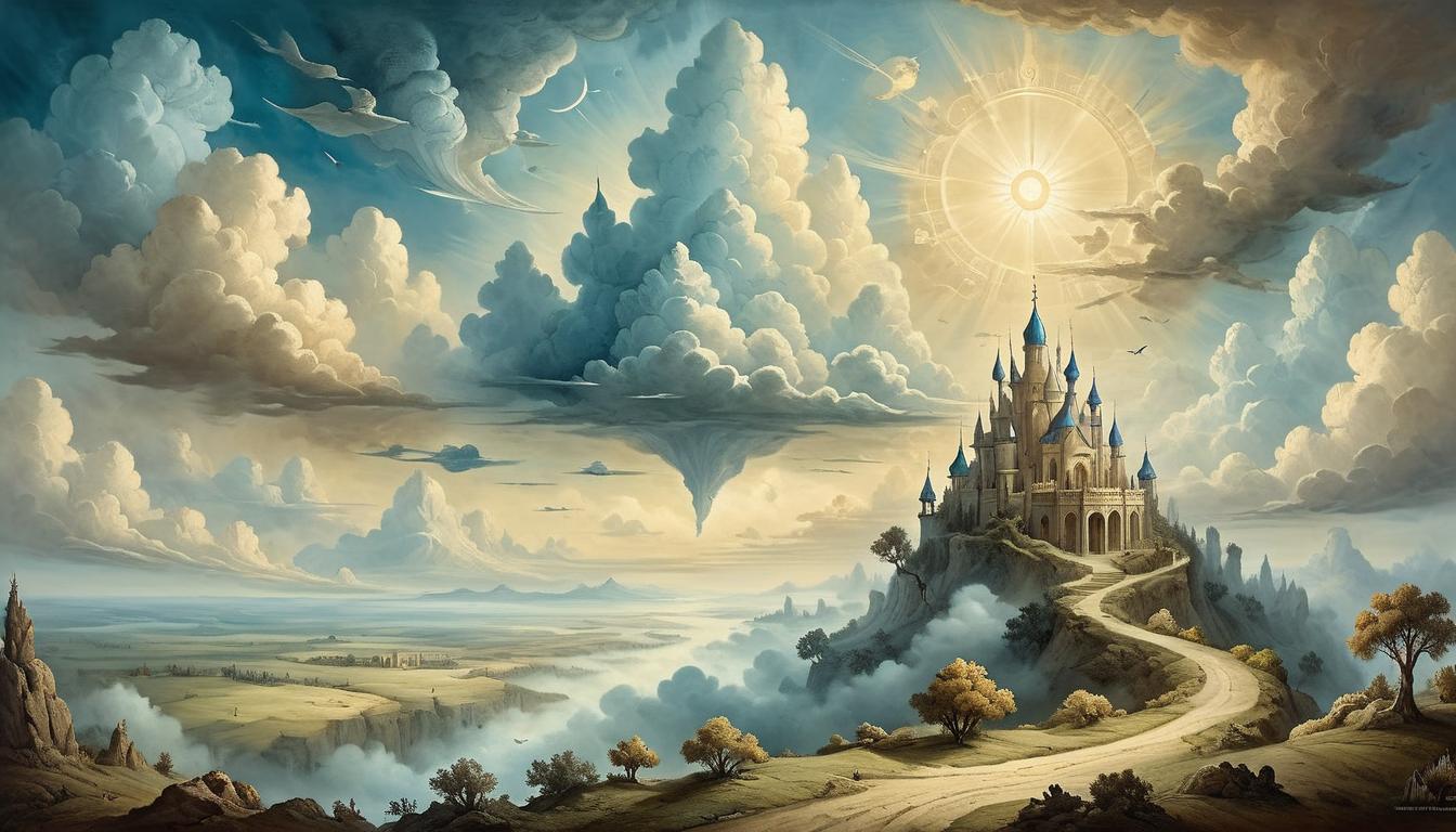  on parchment, surrealism+++, Heavenly landscape, celestial scenery, sunlit clouds, divine horizon, peaceful and immense, transcendent beauty, awe inspiring(mysterious, provocative, symbolic,muted color)+++