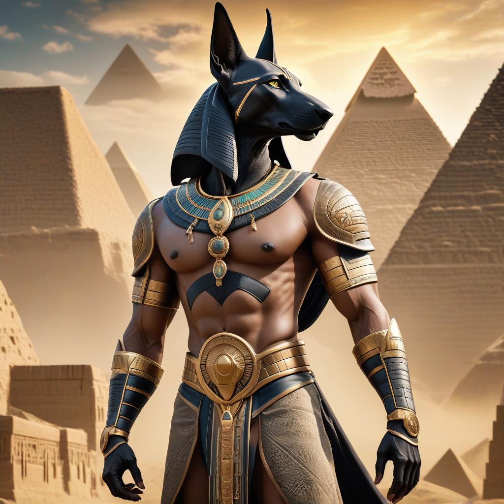  In the style of a tattoo sketch, Anubis, the Egyptian god, with very menacing eyes, in motion, against a backdrop of pyramids. hyperrealistic, full body, detailed clothing, highly detailed, cinematic lighting, stunningly beautiful, intricate, sharp focus, f/1. 8, 85mm, (centered image composition), (professionally color graded), ((bright soft diffused light)), volumetric fog, trending on instagram, trending on tumblr, HDR 4K, 8K