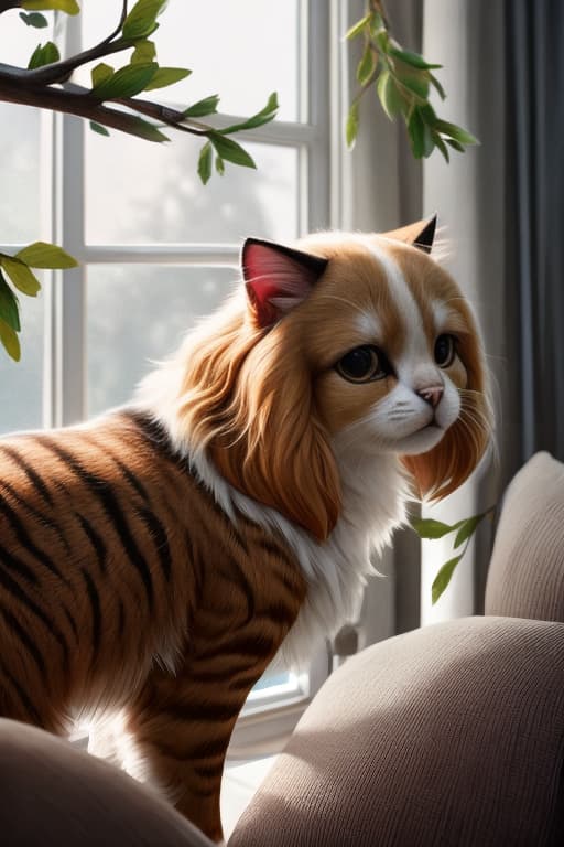  An adorable white Shih Tzu with drooping black ears and a fluffy white tail looking out the window of a modern suburban home. He spots a cat outside the window. Main colors are white black and red. Show dog at a 3/4 back view. Take the cat’s ears off the dog and only show his drooping black ears. Add a branch outside the window with a cat lying on it. Remove cat’s ears from dog. Show branch outside window with a cat on it and cute white Shih Tzu with black drooping ears looking at the cat. Add hanging branch out the window with a cat on it. Turn dog’s head so it can see the cat. Show dog at 3/4 view from the back. He sees a cat on a tree branch. Put branch outside the window. Put a cat on the branch. Show cute white Shih  hyperrealistic, full body, detailed clothing, highly detailed, cinematic lighting, stunningly beautiful, intricate, sharp focus, f/1. 8, 85mm, (centered image composition), (professionally color graded), ((bright soft diffused light)), volumetric fog, trending on instagram, trending on tumblr, HDR 4K, 8K