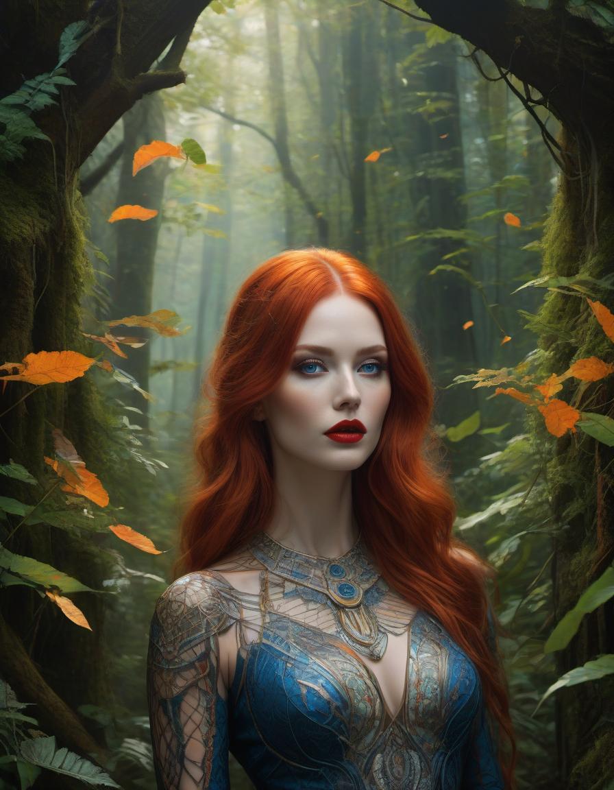  A stunning digital painting of a mysterious forest woman with red hair, blue green eyes, and orange lips. The artwork features intricate details, geometric patterns, and a surreal, photorealistic style. Created with a Nikon D850, it showcases amazing depth and fine borders, earning awards for its fantasy and ethereal qualities mysterious silhouette forest woman,red hair, blue green eyes, orange lips by Minjae Lee, Carne Griffiths, Emily Kell, Geoffroy Thoorens, Aaron Horkey, Jordan Grimmer, Greg Rutkowski, amazing depth, masterwork, surreal, geometric patterns, intricately detailed, bokeh, perfect balanced, deep fine borders, artistic photorealism , smooth, great masterwork by head of prompt engineering hyperrealistic, full body, detailed clothing, highly detailed, cinematic lighting, stunningly beautiful, intricate, sharp focus, f/1. 8, 85mm, (centered image composition), (professionally color graded), ((bright soft diffused light)), volumetric fog, trending on instagram, trending on tumblr, HDR 4K, 8K